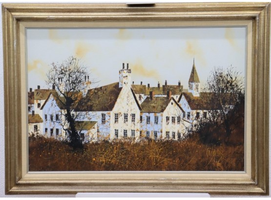 Old World Village Landscape, Signed Lower Left, Elegant Frame. Print On Canvas