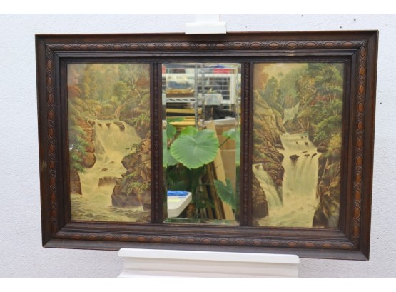 Vintage Fine Engraved Wood Frame With Center Mirror Flanked By Two Waterfall Landscapes Within