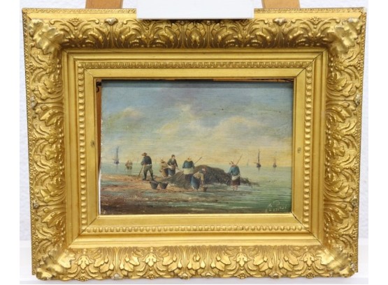 Vintage Oil On Board 19th Century Les Gomoniers Seaweed Harvest, Signed Lower Right, Super Faux Gilt Frame