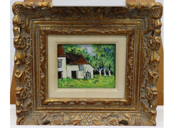 Small Barnscape By Lory F. Michel Oil On Board Mounted In Grand Faux Gilt Sculptural Frame