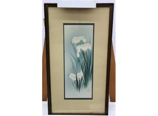 Vintage Woodblock Print - Egrets And Irises, Artist Red Seal/Chop Lower Left, Matted & Framed