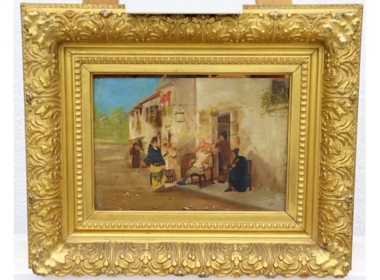 Fabulous Faux Gilt Frame With Lively Oil On Board Streetscape With Figures, Titled French Verso