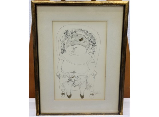 Framed Don Nedobeck Whimsical Pen & Ink Print Of Cat In Lap Lady, Signed Lower Right