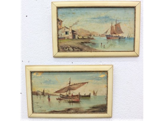 A Pair Of Vintage Framed Original Oils On Board Seascape With Boats Ashore, Signed (note: Paint Loss On Both)