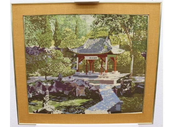 Japanese Pagoda And Garden Walk Vintage Embroidered Needle Art, Framed And Matted