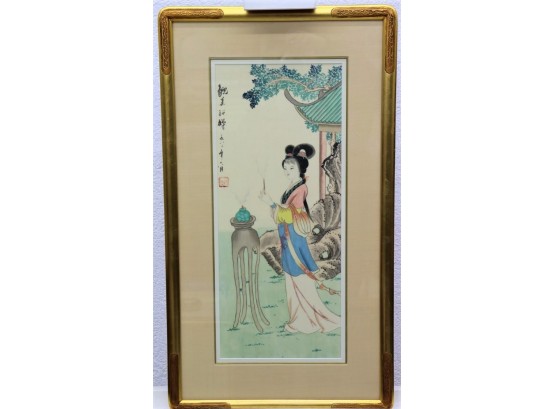 'Woman Burning Incense' Japanese Reproduction , Signed And Framed