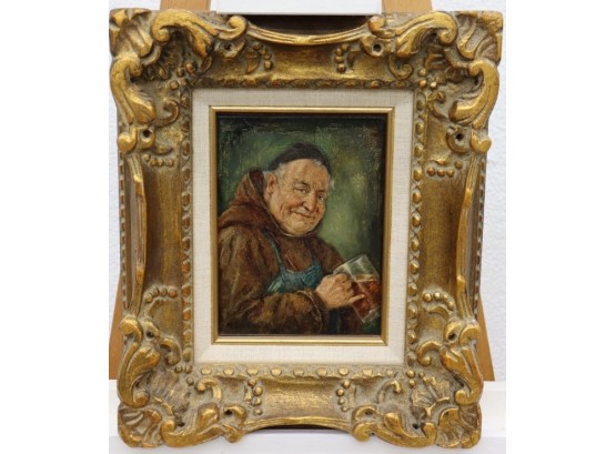 Rococo-style Faux Gilt Frame With A Small Portrait Of Monk With Beer Stein, Signed Lower Left
