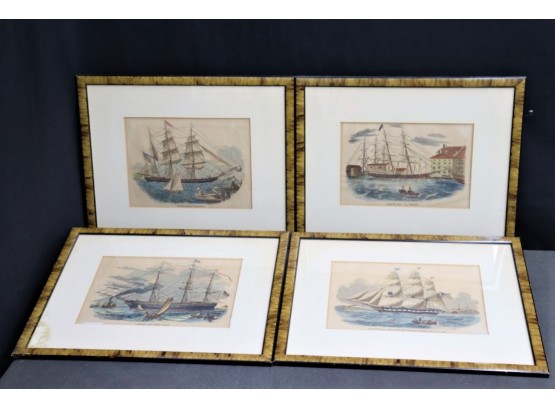 Four Vintage Nautical Prints: Three Clippers And A Packet Ship - Sails Up, Down, And Amidst