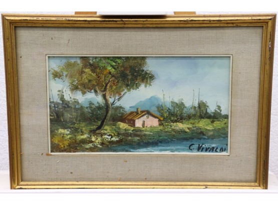Pink House Landscape Oil On Board By C. Vivaldi, Signed Lower Right.