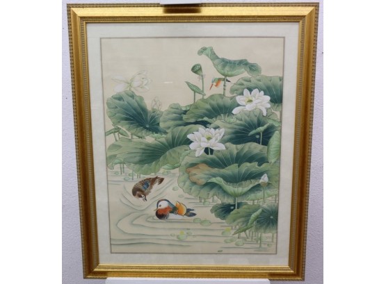 Mandarin Ducks And Lotus Flowers Reproduction Print In The Style Of Lou Dahua, Framed & Matted