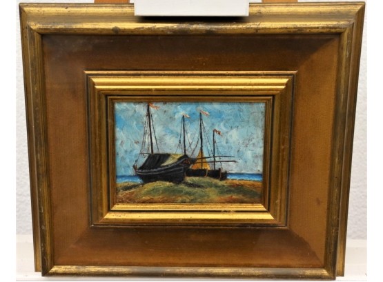 Small Beach Nautical Oil On Board In Wide Border Faux Gilt Frame, Signed Lower Right