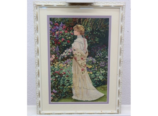 'In Her Garden' Cross Stitch Designed By Sandra Kuck For Dimensions Kit #35119  Whitewash And Faux Gilt Frame