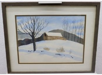 Vintage Watercolor On Paper, Barn On Snowy Hill