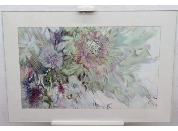Impressionistic Floral Blossom Pastel & Watercolor On Archival Paper, Signed Lower Right, White Mat And Frame