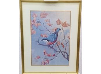 Blue Bird In Autumn, Signed Saron, Excellent Frame, Decorative