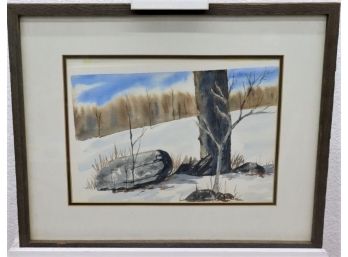 Snow Covered Field Between Forests, Vintage Watercolor On Paper