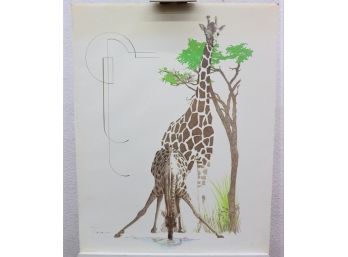 Vintage 70s Lithograph Giraffes At Watering Hole With Art Nouveau Flourish, Signed Tara