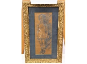Full Length Charcoal Sketch Portrait Of Young Girl Ornate Faux Gilt Aged Frame