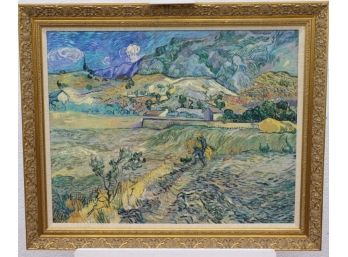 Framed Print In Style Of Van Gogh St. Remy Landscapes -Elegant Low Relief Gold-tone Frame