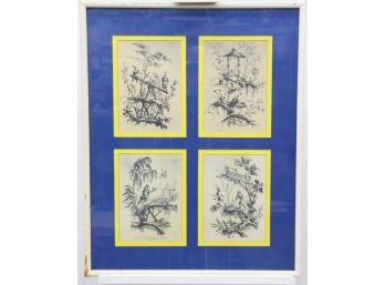 Quadtych Of Jean Pillement Chinoiserie Engraving Repros Boldly Mounted In Blue/Yellow Mat And White Frame