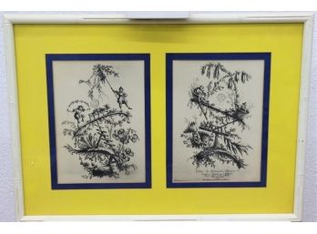 1 0f 2 Pair Of Jean Pillement Chinoiserie Engraving Repros Boldly Mounted In Yellow/Blue Mat And White Frame