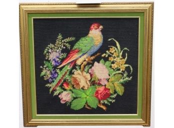 Vintage Needle Art Cross Stitch - Colorful Parrot On Array Of Flowers - Green Mat And Gold Frame