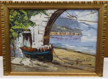 Harbor Waterscape With Boat Works And Arch In Dignified Frame, Signed By Artist Lower Right