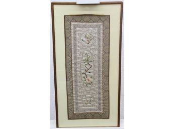 Vintage Asian Embroidered Silk Panel With Bird And Flower With Multiple Patterned Borders