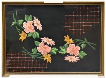 Wonderful Vintage Embroidery Artwork With Flowers And Stylized Grid, Slim Elegant Frame