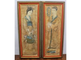 Impressive Vintage Diptych Of Swedish Chinoiserie Portraits Of Woman And Man, Ink And Wash On Board