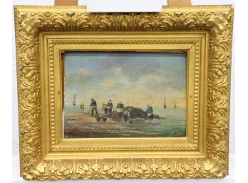 Vintage Oil On Board 19th Century Les Gomoniers Seaweed Harvest, Signed Lower Right, Super Faux Gilt Frame