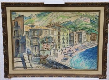 Sorrento Spiaggia Impressive Florid Watercolor - Artist Signed, Dated, Location Titled Lower Left