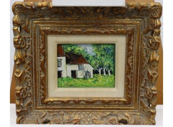 Small Barnscape By Lory F. Michel Oil On Board Mounted In Grand Faux Gilt Sculptural Frame