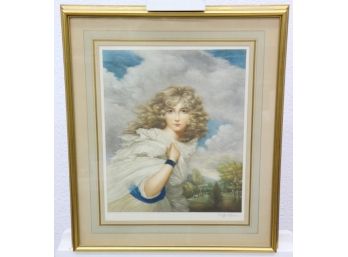 Framed Lithograph Of Clifford R. James Restoration-style Portrait Of Woman In Nature