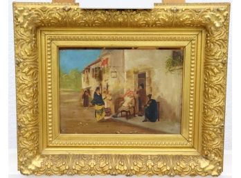 Fabulous Faux Gilt Frame With Lively Oil On Board Streetscape With Figures, Titled French Verso