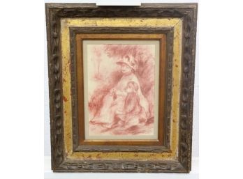 Vintage Reproduction Print Of Mother & Daughter Sitting On Grassy Bank Charcoal Sketch, Renoir