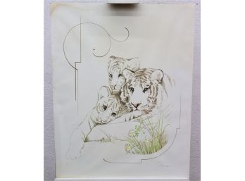 Vintage 70s Lithograph Trio Of Cuddly Tigers With Art Nouveau Flourish, Signed Tara