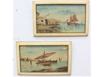 A Pair Of Vintage Framed Original Oils On Board Seascape With Boats Ashore, Signed (note: Paint Loss On Both)