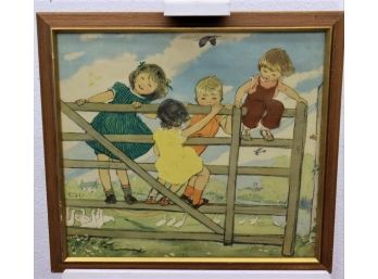 Colorful And Charming Vintage Muriel Dawson Print 'Fun On The Gate', Framed