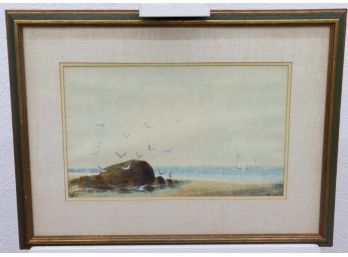 Framed Reproduction Print Of Seasbirds Over Seaside, Green & Gold Frame