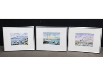 Three-Biza: Trio Of Excellent Small Watercolor Water/landscapes Of Ibiza, Signed By Artist Lower Left