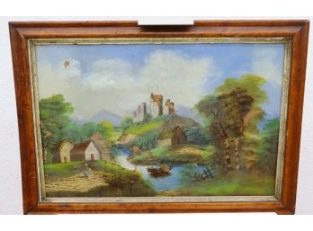 Cottages And Castles, Framed Reverse Painting On Glass - Note: Some Paint Loss Spots