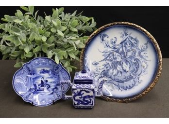 Blue & White Lot: Empire Works EP Co Charger AND  Asian Red Character Mark Tea Pot & Ovoid Plate, Blue Mark