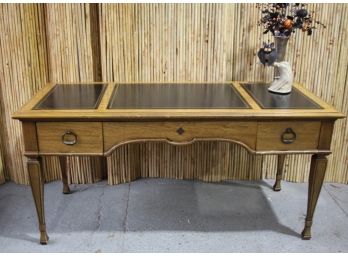 Patinated Oak Inlaid Three Section Leather Top Executive Desk