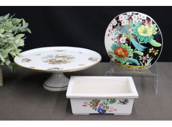 Limoges Cake Stand, Mikasa Kutani Bird Slit Sphere Vase, & Japanese Porcelain Narcissus Bulb Jardiniere