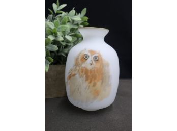 Vintage Frosted Glass Hand-Painted Owl Vase
