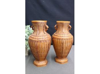 Two Woven Rattan Wrapped Bird-handle Urn Vases, Shanghai Handicrafts PRC
