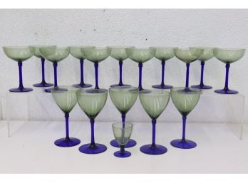 Grouping Of Vintage Blue Stem & Smoke Body Crystal Coupes & Wine Glasses