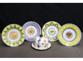 Group Lot Of Vibrant Yellow & Blue Italian Tartuca Ceramiche Plates And A Kiwi Studio Butterfly Cloche
