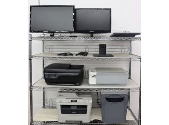 Multi-Shelf Lot Of Office Electronics -screens, Printers, MFC, Shredder - And Big Pile Of Wires And Plugs Etc.